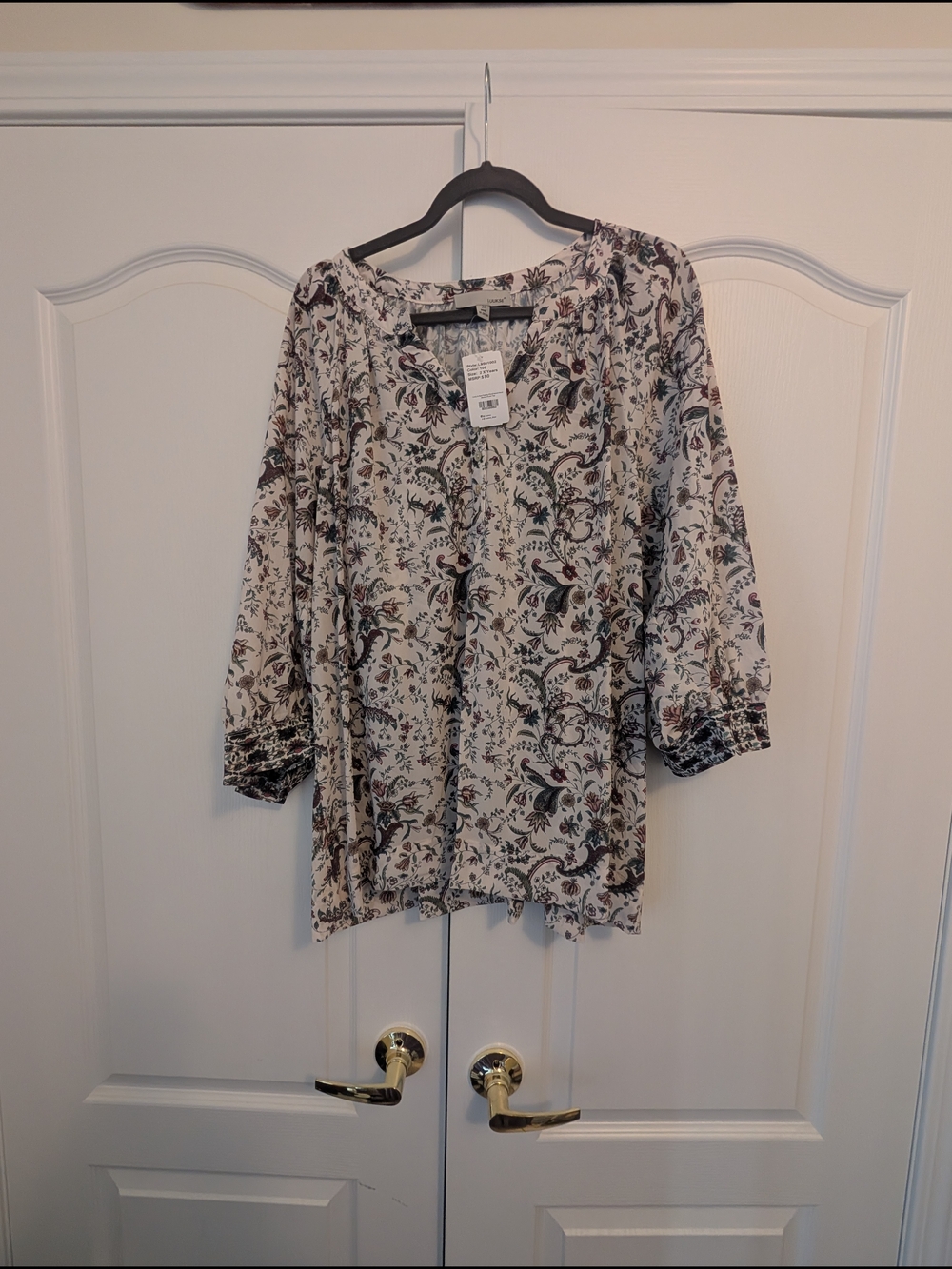 Women's Cream Floral Peasant Blouse - Relaxed 3/4 Sleeve